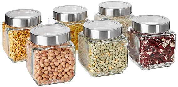 JAR Square Glass Storage Containers 580ml | Transparent Airtight Kitchen Jars with Steel Lid | Cubical Glass Jars for Pantry, Snacks, Dry Fruits, Masala, Pickle & Coffee Beans | Pack of 4