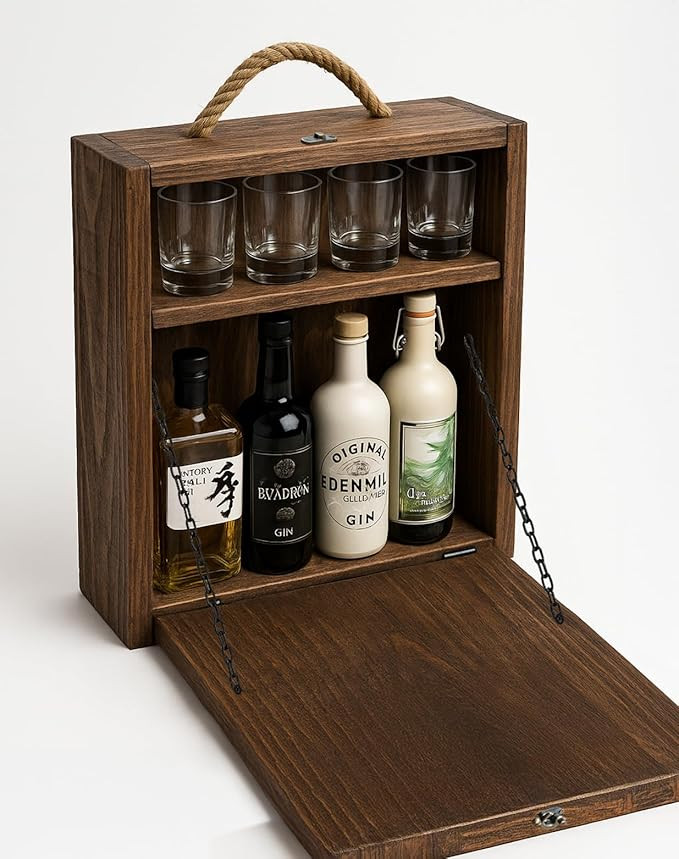 Wall Mounted Liquor Cabinet with Fold Down Table | Rustic Wooden Murphy Bar Cabinet with Glass Holder & Storage Shelves | Space Saving Wall Bar for Home, Kitchen, Living Room (Brown)