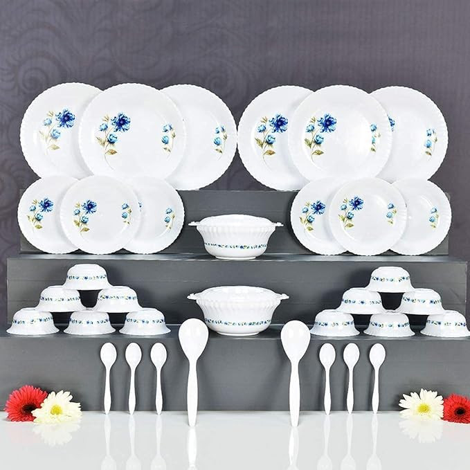 Unbreakable Plastic Light Weight Dinner Set of 36 Pcs 6 Full Plates, 6 Quarter Plates, 12 Veg Bowls, 2 Serving Bowl with 2 Lids. 2 Serving Spoons and 6 Spoons, Solid, White.