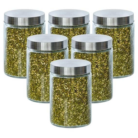 Glass Jars for Kitchen| Glass Storage Containers Jars for Kitchen| Round Glass Jars| 1 Year Warranty| Airtight Lid| Jars for Snacks, Fry Food, Masala, Spice, Pickles, Cookies| 1100ml| Pack of 6