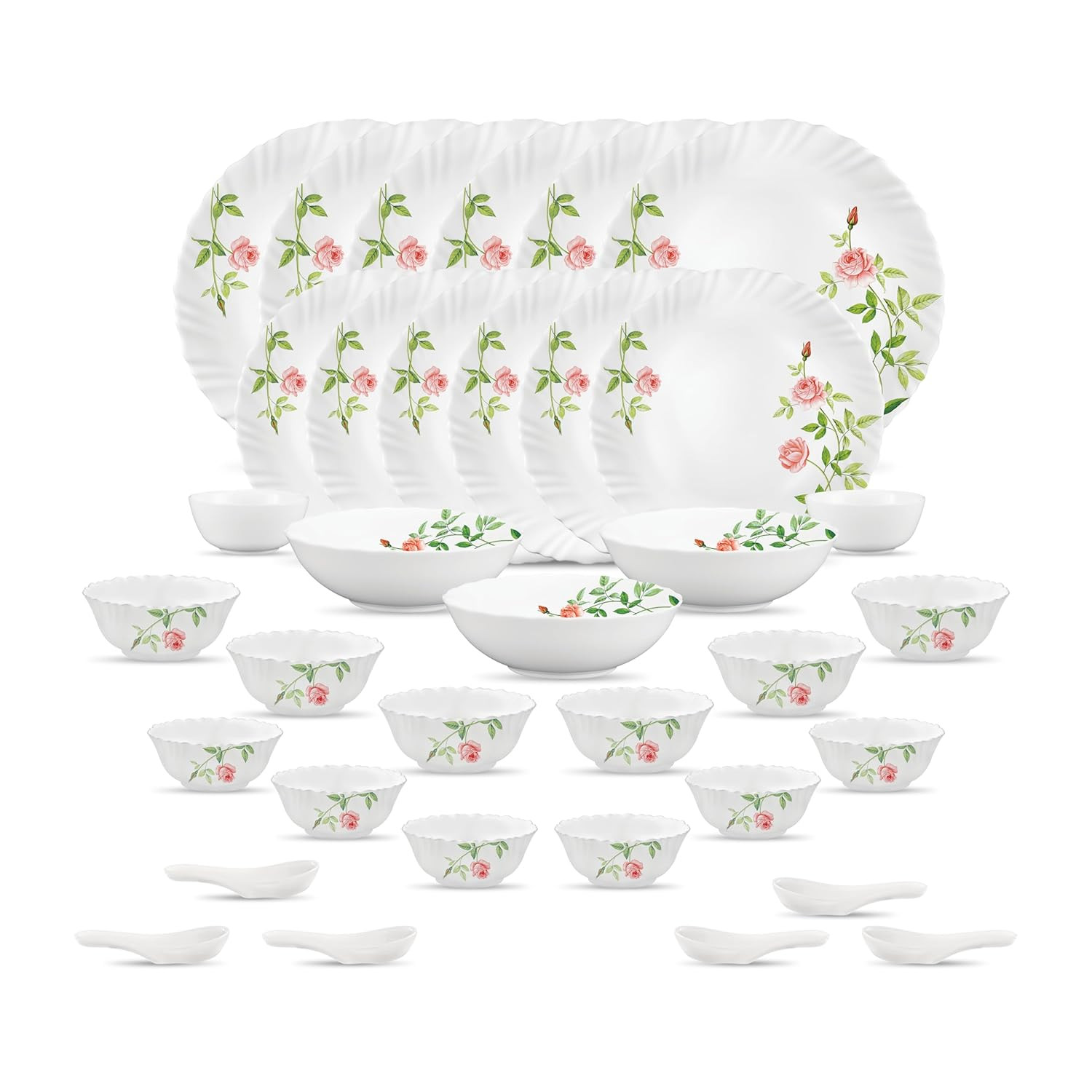 La Opala Opal Glass Crockery | for Family of 6 | Dinner Set 35 pcs Rose Garden | Plates & Bowls for Dining | Microwave Safe | 100% Vegetarian | Extra Strong | Extra Light & White