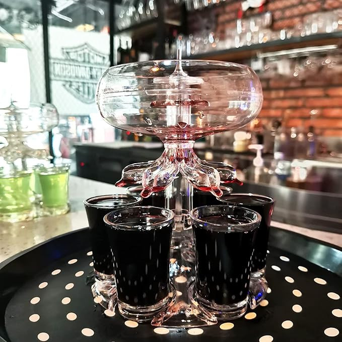 Drink Shot Dispenser with 6 Shot Glasses Set - Acrylic Touchless Liquor Dispenser and Holder Shot Pourer for Beverage | Cider | Cocktail - Fun Bar Accessories Home Gifts (V2 LED)