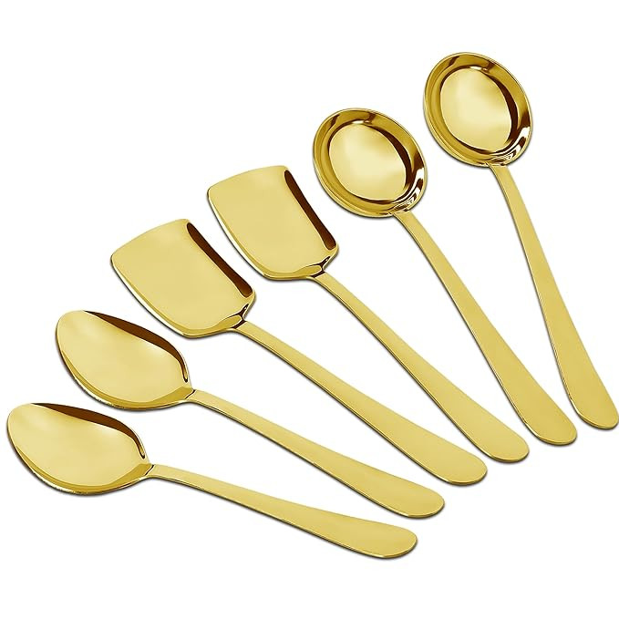 6 Pieces Stainless Steel Gold Serving Spoons Set for Dining Table/Kitchen, 1.8 mm Heavy Gauge (2 Soup Ladle (Karchi), 2 Solid Spoon (Chamcha), 2 Rice Spoon), PVD Gold (Pack of 6)