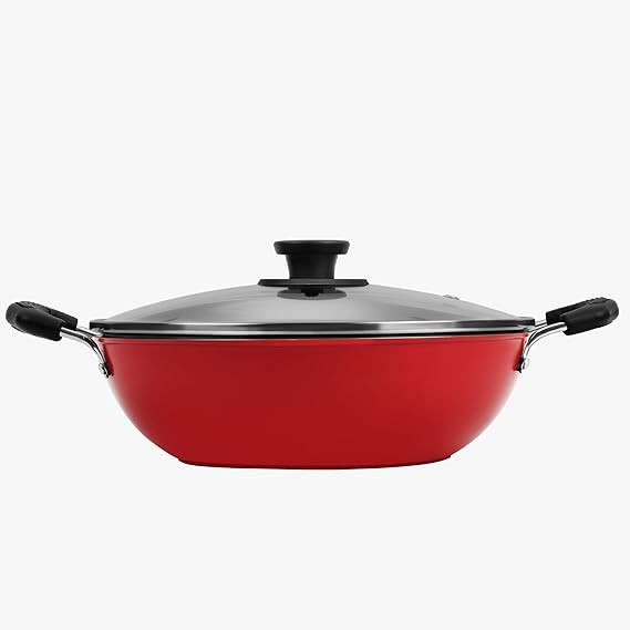 Pigeon By Stovekraft Basics Aluminium Non Stick, Non Induction Base Kadai with Glass Lid, 24CM/2.2 Liters, Red