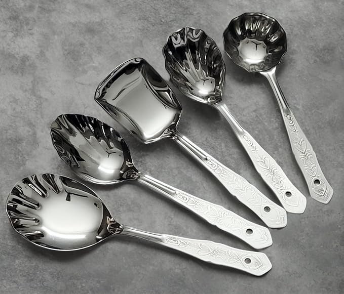 Serving Spoon, Stainless Steel Serving Spoon Set for Dining | Spatula Set - 1 Ladle, 1 Karchi, 1 Solid Spoons 1 Chamcha, and 1 Rice Spoon, Cooking Spoon Set (Set of 5)