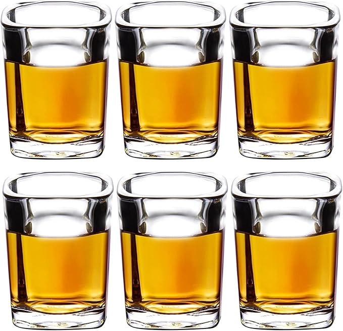 Shot Glass Holder Set with 6 pc Clear Shot Glasses, 50 ml Square Shot Glasses Set with Rustic Burnt Wood Serving Tray, Crystal Shot Glass for Whiskey, Tequila, Liqueurs, Party - Clear.