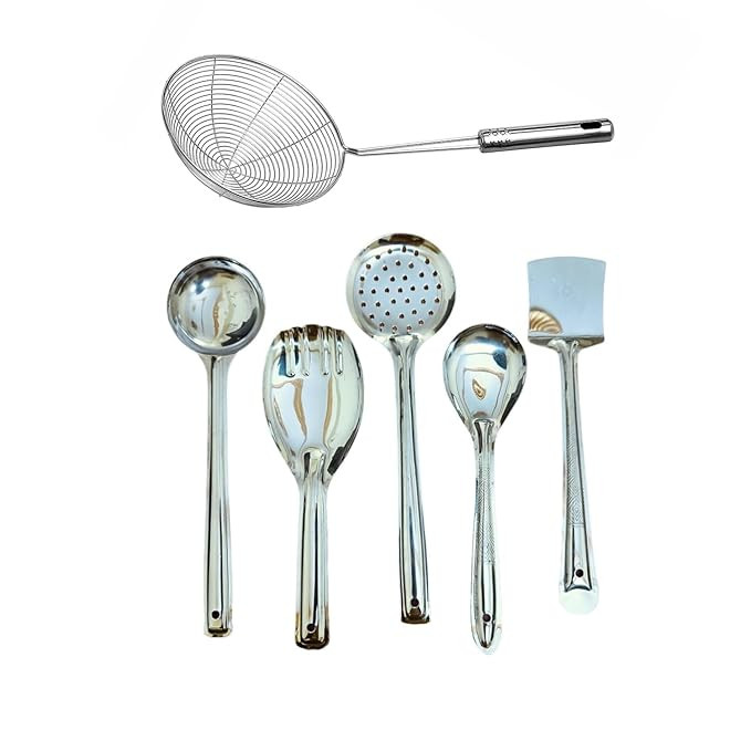 6 Pcs Stainless Steel Kitchen Spoon Set - Ladle, Turner, Strainer, Rice Spoon | Cooking & Serving Utensils
