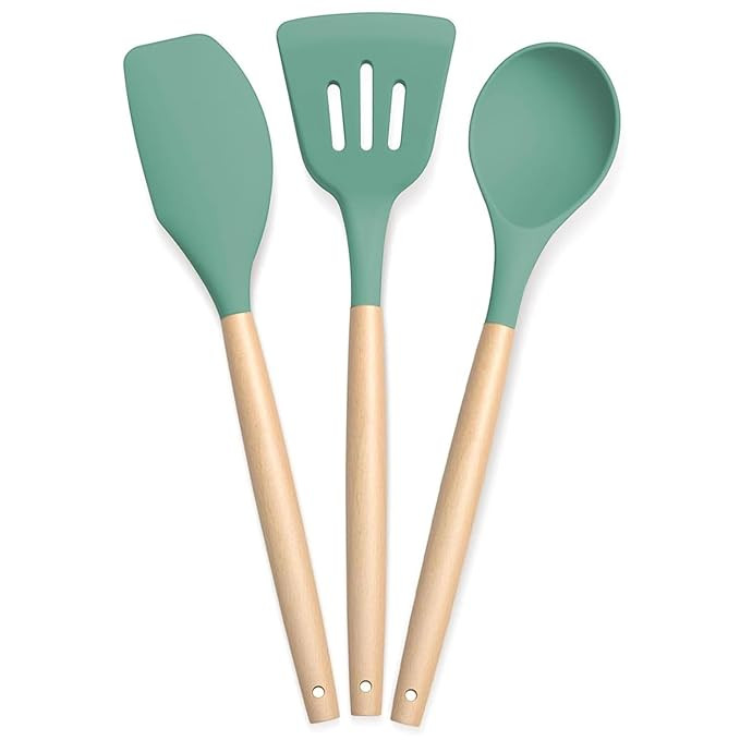 Silicone Non Stick Spatula Set of 3 with Wooden Handle | Heat Resistant Cooking & Serving Spoon Set | Silicone Kitchen Tools for Cooking, Baking, Mixing (Green)