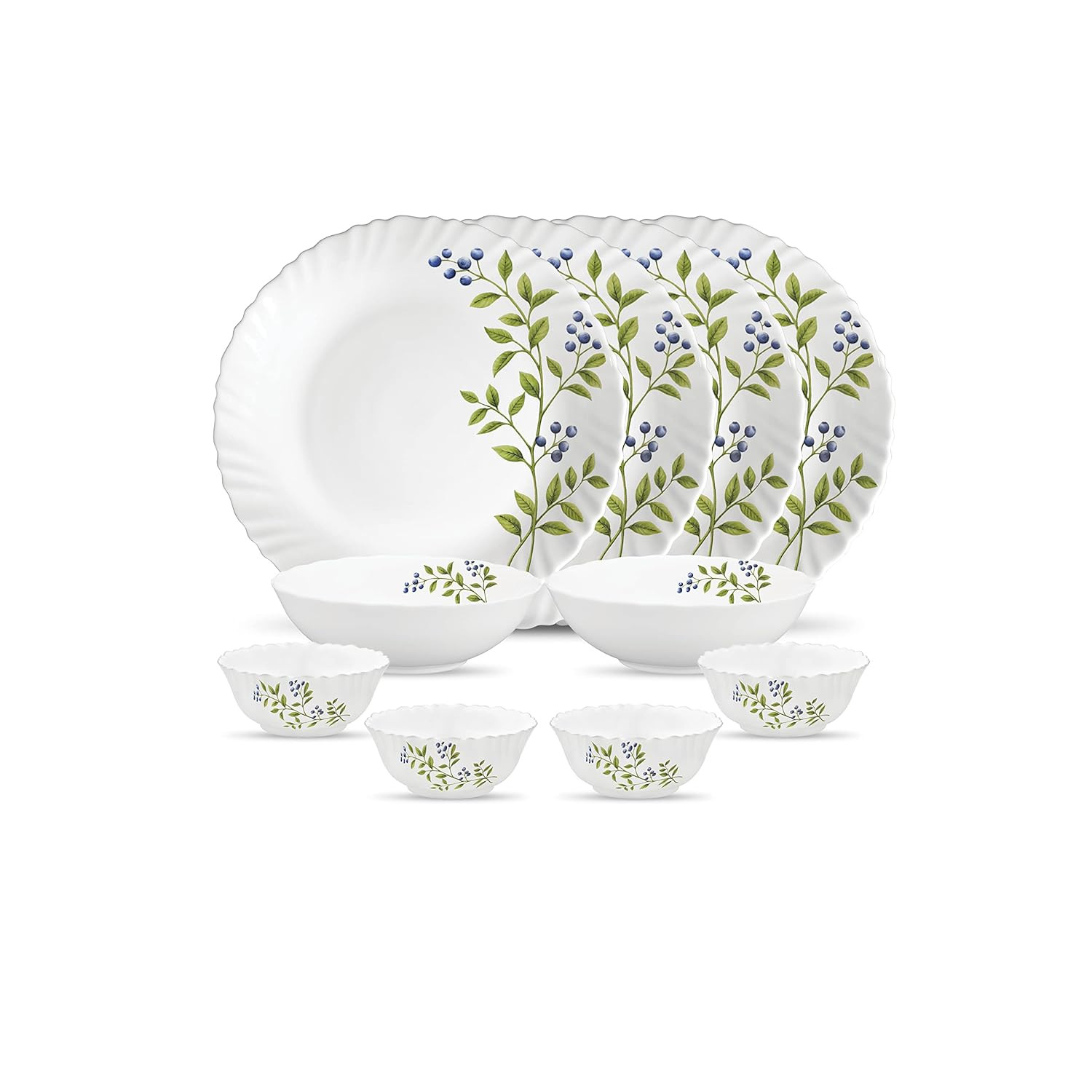 La Opala Novo Collection Opal Glass Crockery | for Family of 4 | Dinner Set 10 pcs Lush Greens | Plates & Bowls for Dining | Microwave Safe | 100% Vegetarian | Extra Strong | Light & White