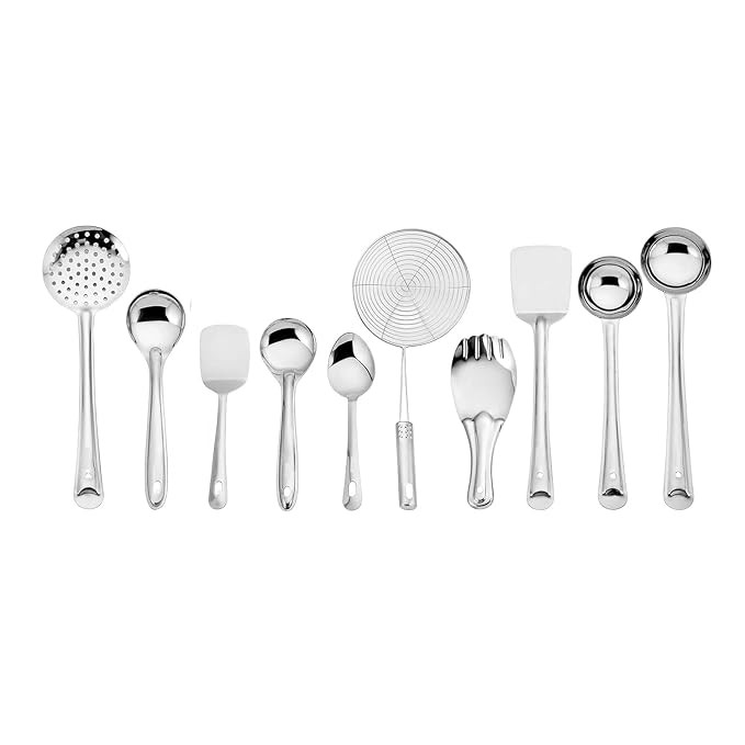 Stainless Steel Cooking Spoon Set 10 Pieces | Kitchen Utensil Set with Ladle, Turner, Strainer, Rice Spoon, Oval Spoon & Serving Spoons | Durable Food-Grade Steel | Rust Resistant | Easy to Clean | Hanging Design