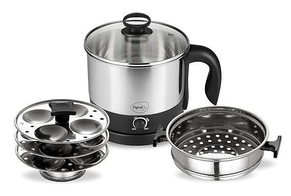 Pigeon By Stovekraft 1.5 Liters Multipurpose Kessel 3 In 1 Value Pack, Multi Cooker, Idli Stand With 3 Plates, Steamer With Stainless Steel Stand (Black & Silver), 600 Watts
