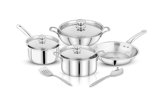 Pigeon Trinity Triply 9 Pc Stainless Steel Cookware Set - Kadai 2100ml with lid | Fry pan 1200ml | Saucepan 1700ml with lid | Casserole 3500ml | 2 Ladles | ISI Certified