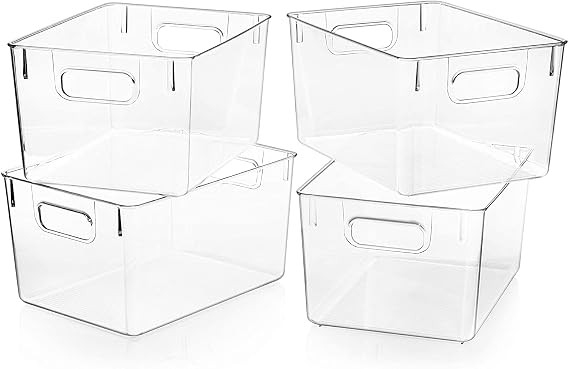 Clear Plastic Pantry Organizer Bins with Handles – Large BPA Free Food Storage Containers for Fridge, Cabinet, Kitchen, Countertops, Cupboard & Freezer Organization (4)