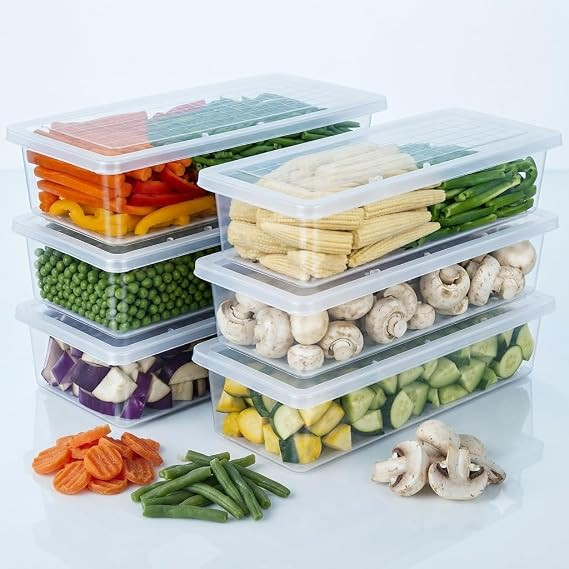 Pack of 6 Fridge Storage Containers, Fridge Organiser Storage Boxes with Removable Drain Plate, Lids, Stackable Organizer, Fridge Storage Box Keep Fruits, Vegetables Fresher, 1500 ML