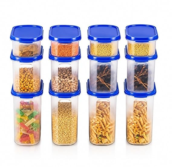 Modular Storage Container Blue Plain Lid (Set of 12) | BPA-free plastic, 1800ML + 1200ML + 525ML capacity, Ideal for pantry & kitchen storage, Stackable design