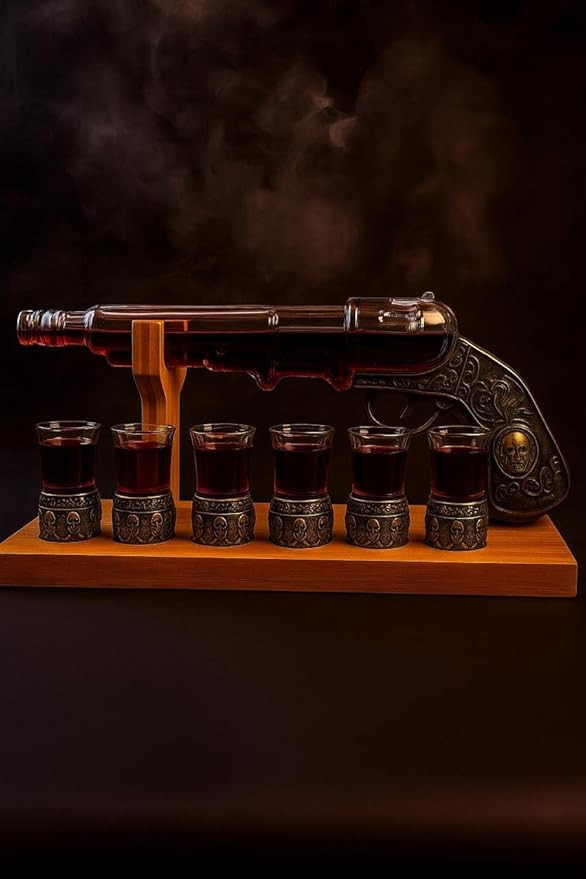 Revolver Shot Dispenser Set | Gun-Shaped Whiskey & Liquor Pourer with 6 Shot Glasses & Wooden Stand | Unique Bar Accessory Gift Set for Men | Party & Home Bar Décor