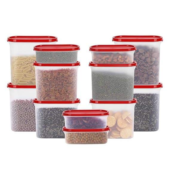 Modular Storage Container Red Plain Lid (Set of 12) | BPA-free plastic, 1800ML + 1200ML + 525ML capacity, Ideal for pantry & kitchen storage, Stackable design