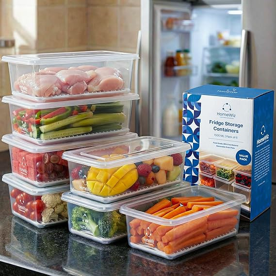 Fridge Storage Containers 1500ml x6 |Air Tight Storage Container Set With Removable Drain Plate|Fridge Organiser Storage Boxes|Food Grade Plastic Containers, Stackable For Fruits & Vegetables