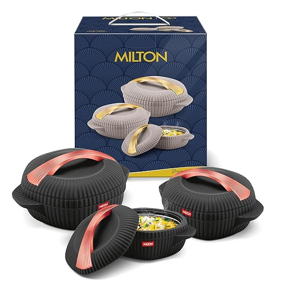 MILTON plastic Oyster Jr. Gift Set PU Insulated Casserole, Set of 3 (455 ml, 860 ml, 1275 ml), Black, BPA Free, Food Grade, Hot and Cold, Easy to Carry, Easy to Store, Chapati, Roti, Curd Maker