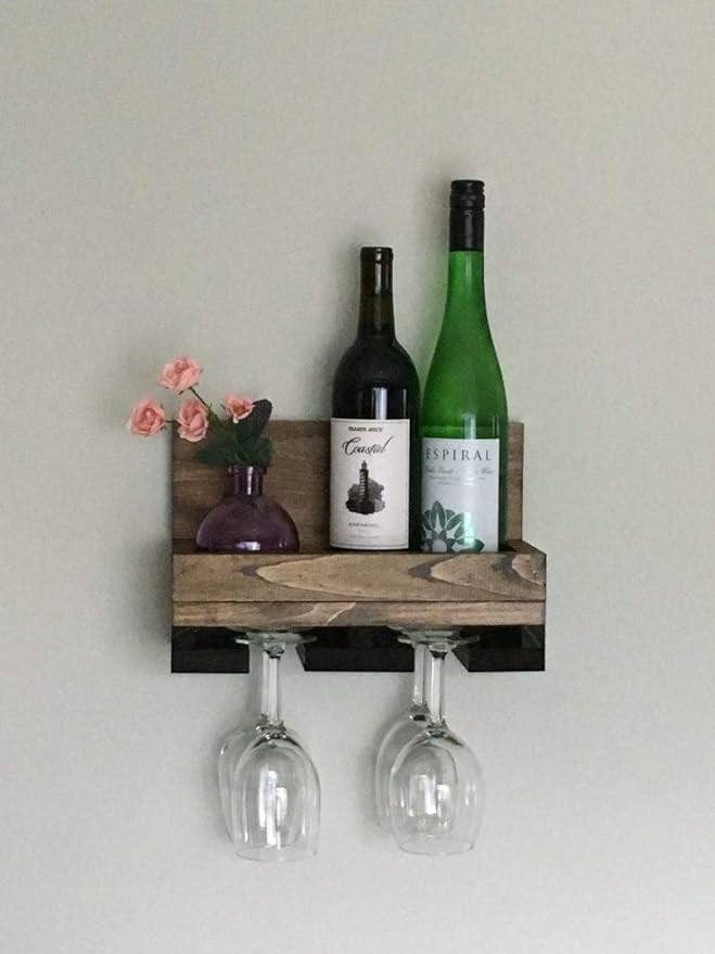 Wood Wine Rack Shelf & Stemware Glass Holder Organizer Unique Bar Shelving Rustic Wedding Gift Wine Rack Wall Mounted 3 Bottles and 4 Wine Glass Rack Hold