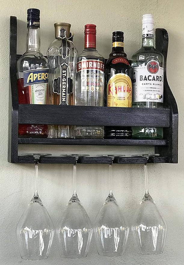 Wood Wine Rack - Wall Mounted - 4/8 Glasses and Bottles Holder | Mini Bar Cabinet for Home with Wine Glass Holder |
