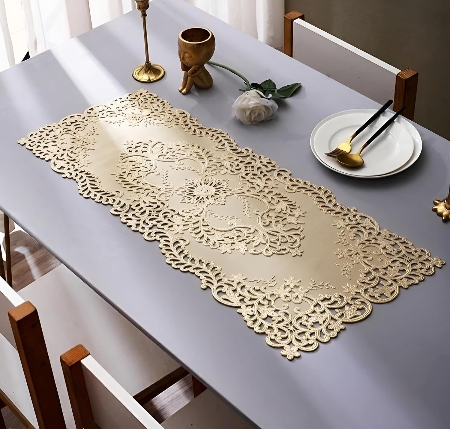 Premium PVC Table Runner – Washable, Anti-Slip, Heat-Resistant Protector Mat for Dining & Console Tables(1pc Aura Gold)