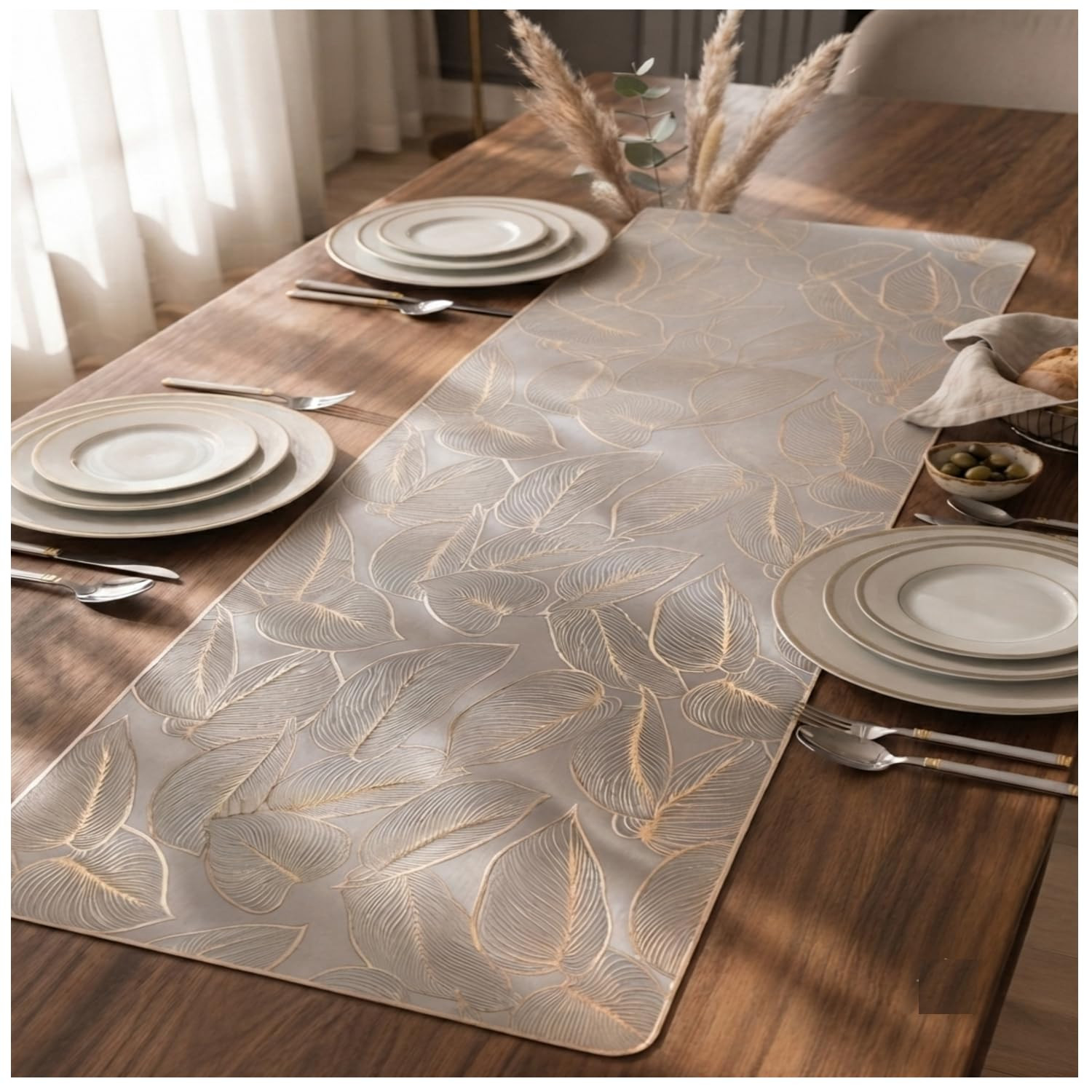 Premium Dining Table Runner 36x13 Inch | Waterproof Heat Resistant PVC Table Mat | Luxury Leaf Print (Silver Gray)