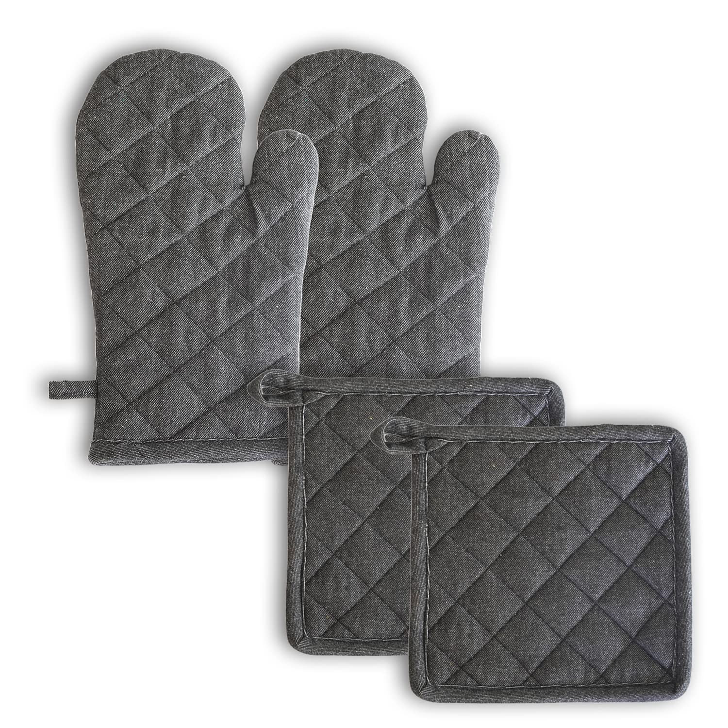 2 Oven Mitts and 2 Pot Holders Set-Cotton Heat Resistant Pot Stand and Kitchen Gloves-Heat Proof-Free Size-Combo Set (Grey)