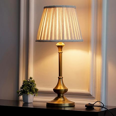 Divine Trends Brass Antique Finish Gold Table Lamp Sleek with Off White 10 Inch Lampshade for Bedroom, Bedside, Living Room, Home Decoration Pack of 1 - Led Bulb Included (Pleated Shade)