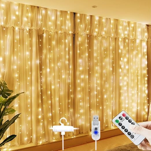 Fairy Curtain String Lights for Decoration, Warm White USB Powered 300 LED Lights with 8 Flashing Modes, Lights for Diwali, Christmas, Wedding, Party, Home (Fairy Curtain Warm White)