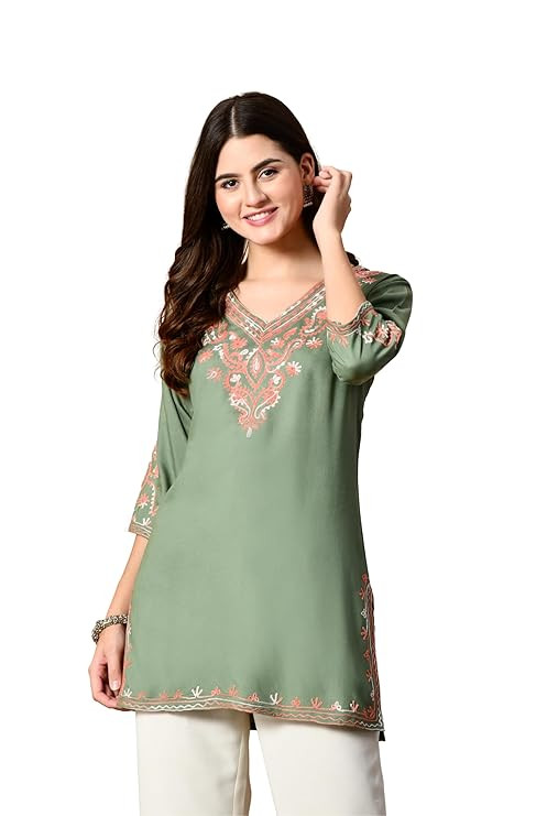 Embroidered Kashmiri Tunic Top, Short Kurti for Women on Jeans, V-Neck, 3/4 Sleeve, Floral Design