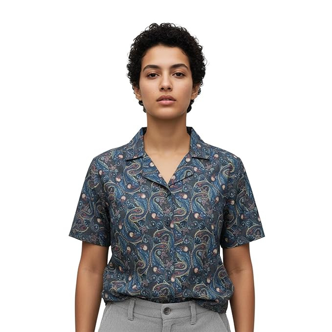 Royal Drift Paisley Shirt for Women | Premium Cotton Satin Weave, Cuban Collar, Half Sleeve, Navy Blue Resort Fit Button-Down TOP