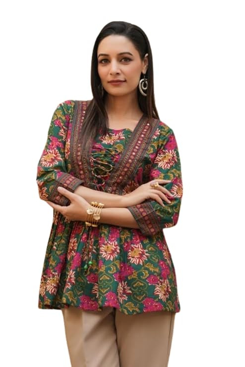 Women's Cotton Floral Printed A-Line Short Kurti Tunic Top