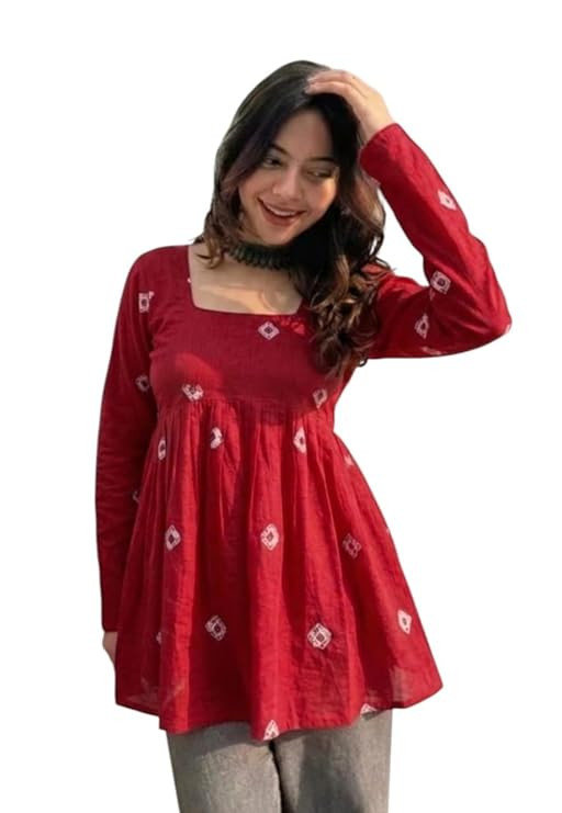 Women's Bandhani Print Tunic Top, Square Neck, Full Sleeves, Flared Hem, Ethnic Style