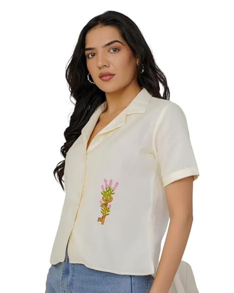 Cassette Hand Embroidered Shirt Top for Women Stylish Casual Party Top with Retro Cassette Design Comfortable Fabric Modern Fit Trendy Fashion Statement