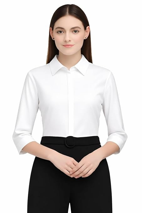 Women's Formal Premium White Shirt � 3/4 Sleeve Slim Fit Solid Collared Office Wear for Work & Business Corporate Meetings & Daily Professional Use for Womens and Girls
