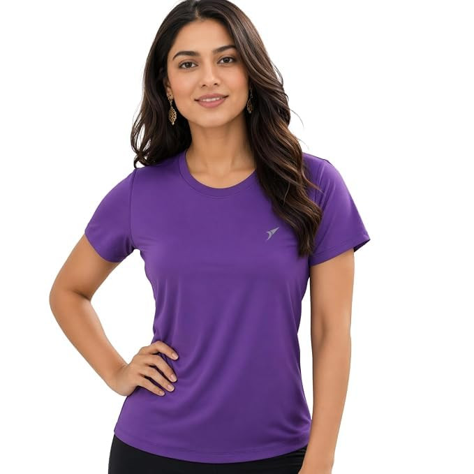 Women's Solid Round Neck Active T-Shirt | Quick Dry Stretch Sports Tee | Half Sleeve Gym, Yoga, Running & Casual Wear