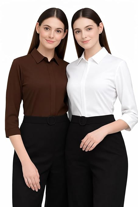 Women's Formal Shirt Combo (Pack of 2), 3/4 Sleeve, Slim Fit, Solid Collared, Office Wear for Work & Business Corporate Meetings