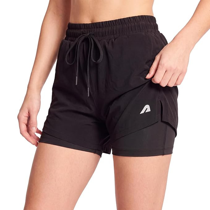 Women Duo Shorts 2-in-1 Compression Short for Women with Inner Liner Quick Dry Gym Shorts for Running, Yoga & Workout Activewear Short with Zipper Pocket, Black