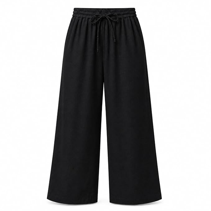 Women Linen Wide Leg Pants High Waist Drawstring Elastic Waist Trousers Breathable Lightweight Summer Palazzo Pants Casual Travel Lounge Wear with Pockets