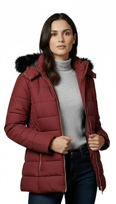 Automan Women's Winter Puffer Jacket with Hood | Quilted Warm Jacket for Cold Weather | Full Sleeve Zipper Coat