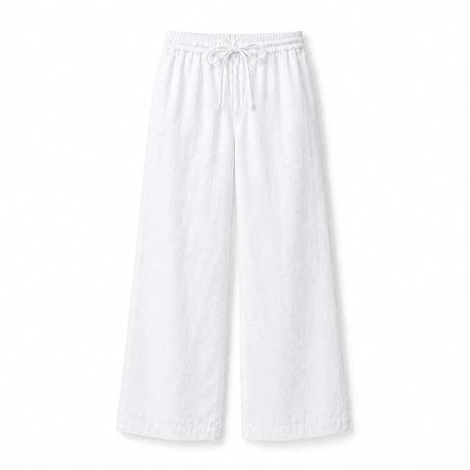 Women Linen Wide Leg Pants High Waist Drawstring Elastic Waist Trousers Breathable Lightweight Summer Palazzo Pants Casual Travel Lounge Wear with Pockets