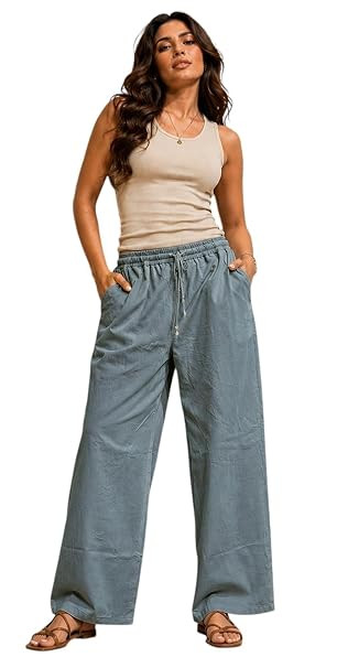 Women's Wide Leg Trousers Cotton Linen Blend High Waist Drawstring Palazzo Pants | Loose Fit Casual Straight Baggy Trouser for Daily & Office Wear
