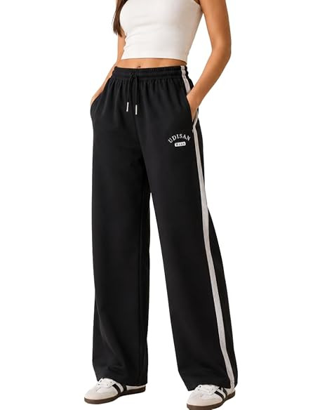 Women’s Wide Leg Track Pants | Cotton Blend Relaxed Fit Palazzo Trousers with Elastic Waist & Drawstring | Casual Lounge Wear for Women