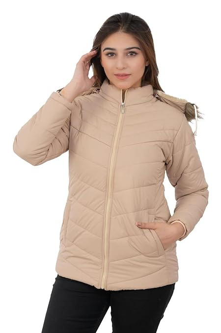 Women's Winter Jacket, Stand Collar, Quilted Polyester with Fleece Lining, Water Resistant, Regular Fit, Side Pockets, Black