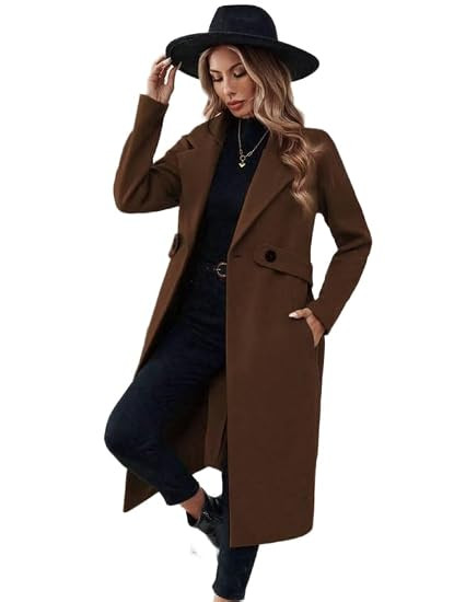 Women’s Brown Long Overcoat – Elegant Wool-Blend Winter Coat with Notched Lapel, Front Buttons & Side Pockets | Classic Tailored Autumn & Winter Jacket for Women | Sizes S to 5XL
