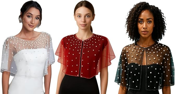 RABBA Women's Capelet Shrug Red, Black & White Net with Pearl & Beaded Embellishments | Ethnic Poncho Capes for Saree, Suit & Layering