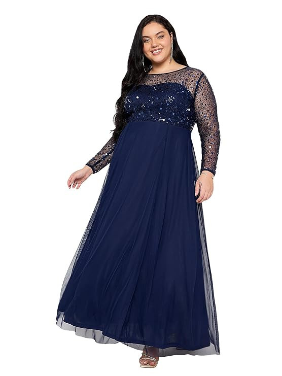 Women Plus Size Gown Dress | Embellished | Sequinned | Non Itch Finish | Sleeves | Cocktail (Navy Blue, Size: 3XL to 8XL)