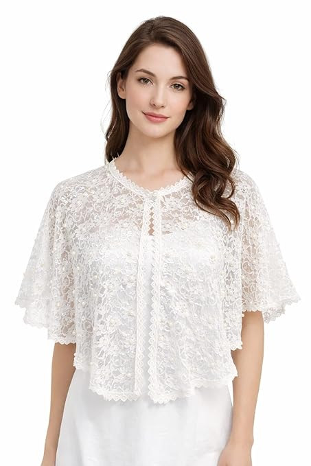 Women White Lace Poncho with Pearl Work | Front Open Net Cape | Party & Shrug