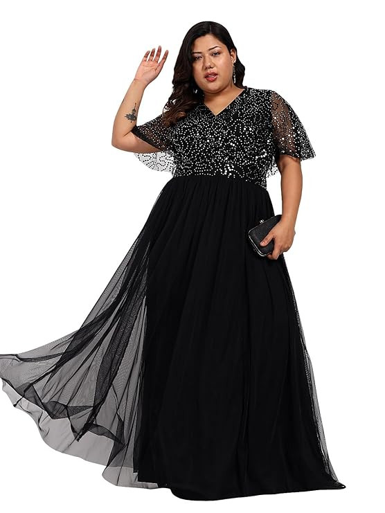 Women Plus Size Western Gown Dress | Stylish | Sequin Work | Non Itch Tape | Embellished Cocktail Gown (Black, Size : 3XL-8XL)